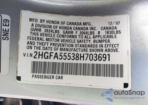 2008 Honda Civic Si/Si Mugen z USA, uszkodzony, nr VIN 2HGFA55538H703691